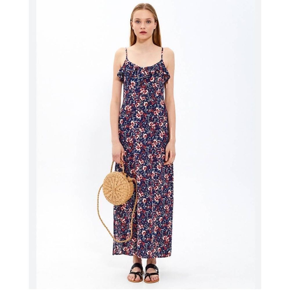 ELLE Dark Blue Floral Crochet Criss Cross Straps Stretchy Ruffle Top Maxi Dress